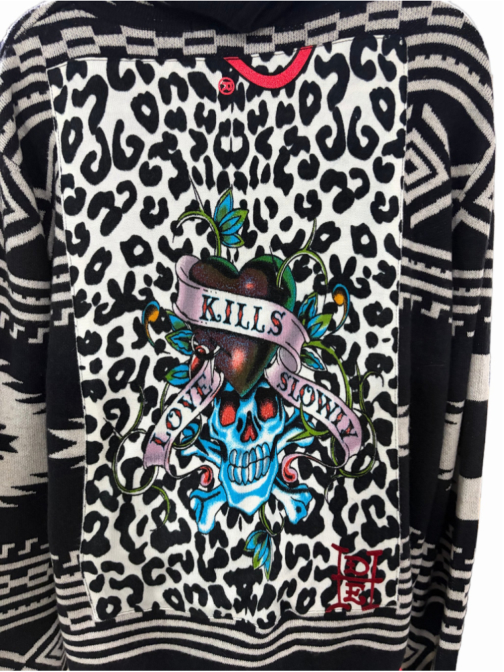 Ed Hardy Love Kills Slowly Aztec Zip Hoodie Cardigan Leopard Skull Angora XXL